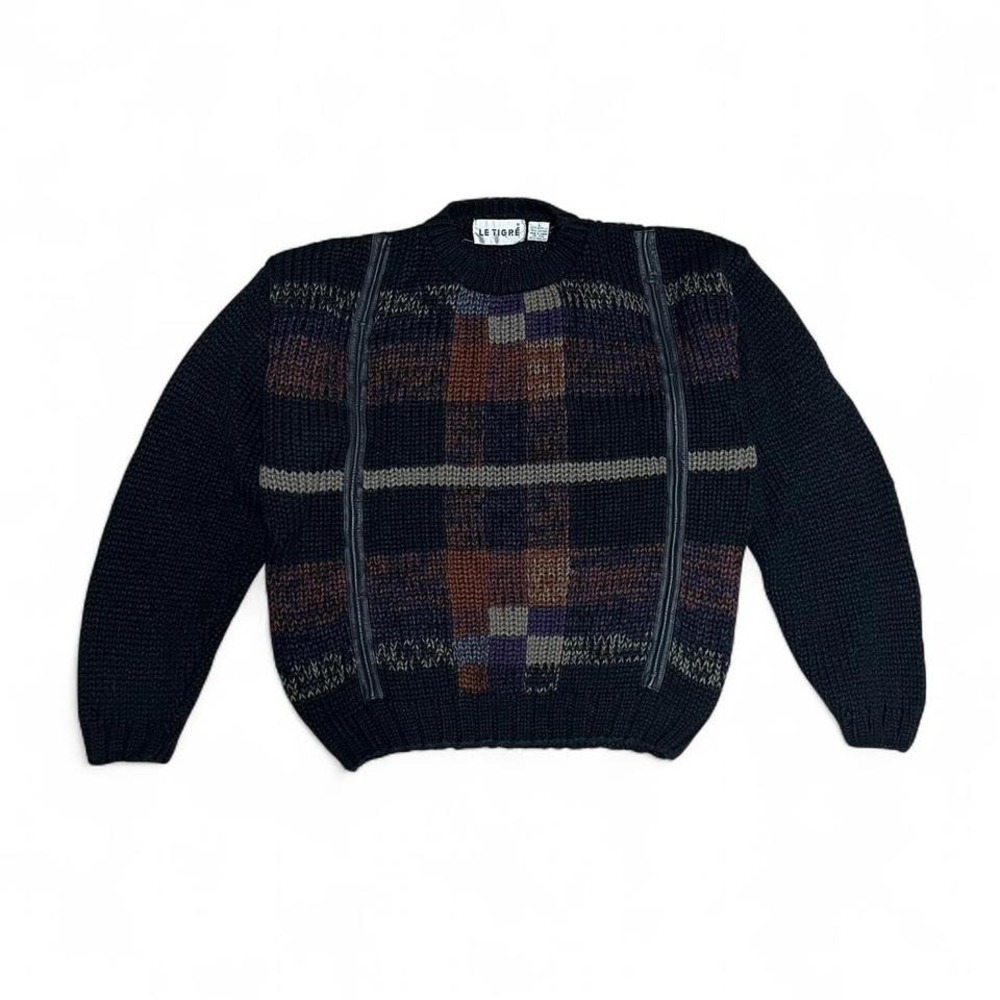 Vintage Le Tigre Chunky Knit Sweater 90s Plaid Leather Trim Size L Grunge Retro